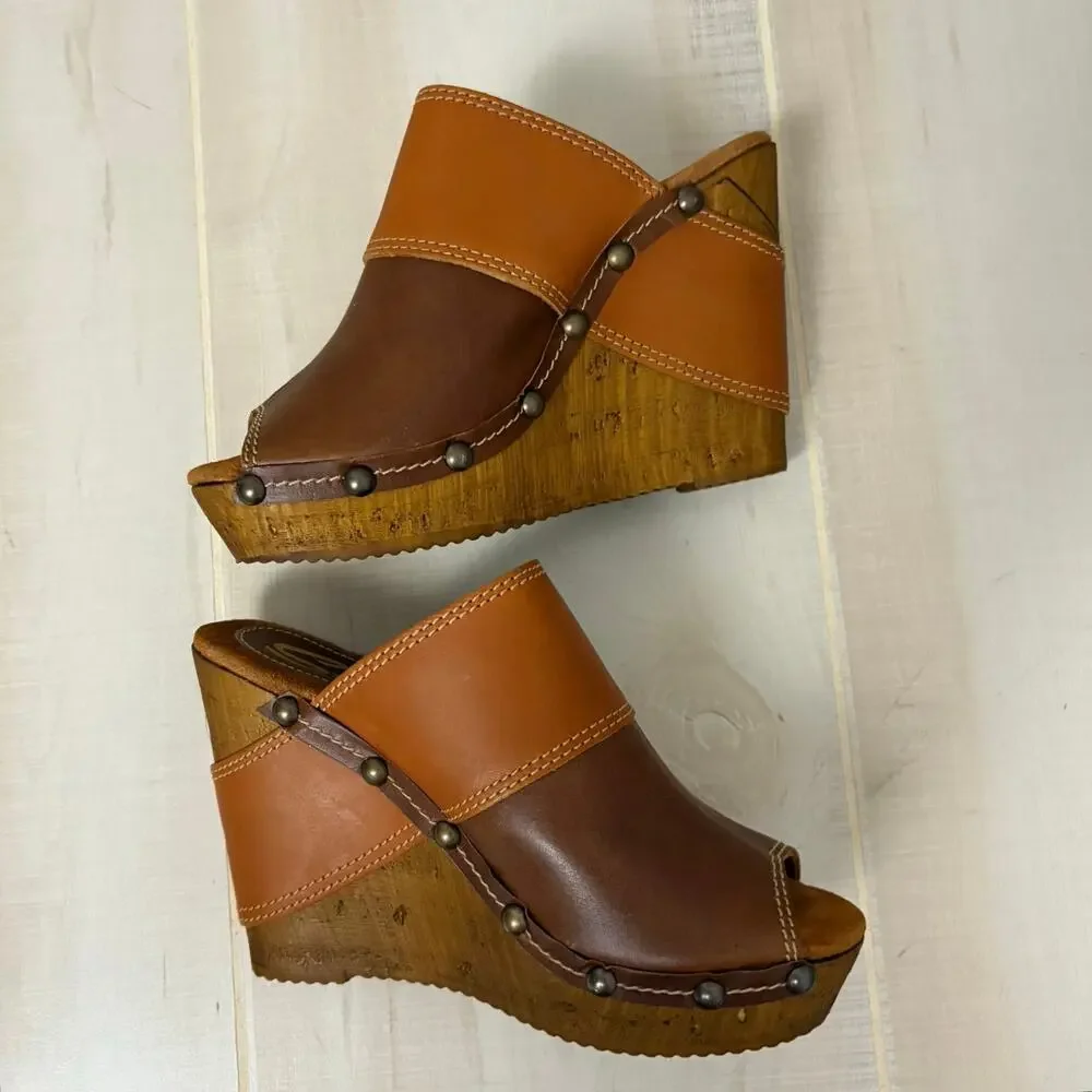Sbicca Vintage Collection Leather Platform Clogs Studded Brown Slip-On 39(8.5)